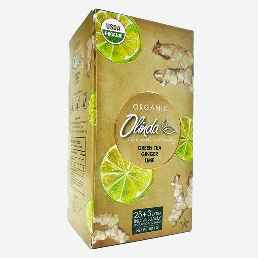 Olinda Organic Ginger Lime Green Tea with Natural Lime Flavor | Caffeinated Tea Bags, Brew Hot or Cold, 28 Tea Bags - Pack of 6