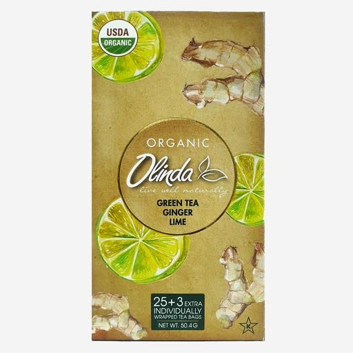 Olinda Organic Ginger Lime Green Tea with Natural Lime Flavor | Caffeinated Tea Bags, Brew Hot or Cold, 28 Tea Bags - Pack of 6