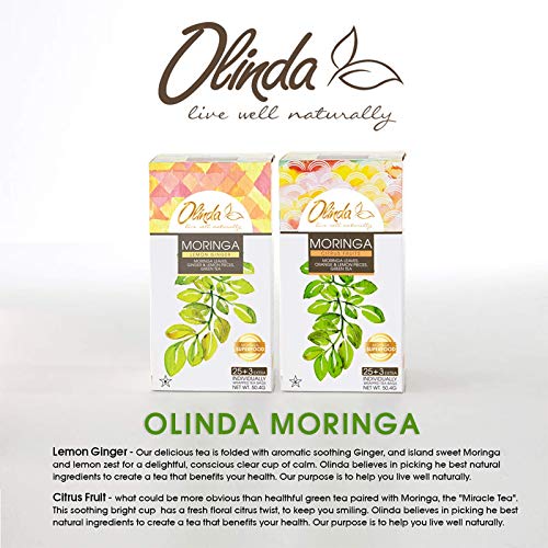 Olinda Moringa Citrus Green Tea with Moringa Leaves with Oraange and Lemon Pieces | Caffeine-Free Tea Bags, Brew Hot or Cold, 28 Tea Bags - Pack of 1